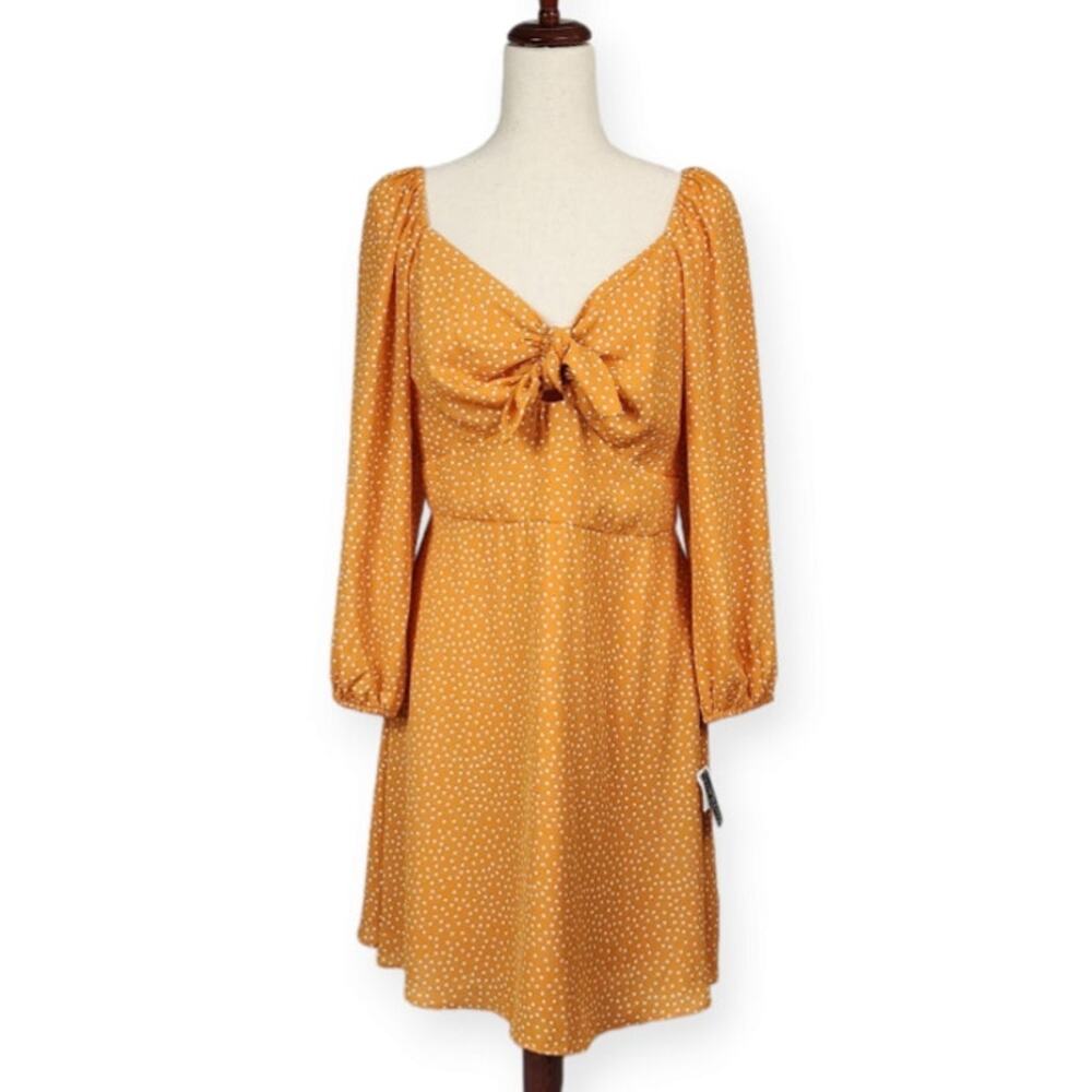 Bar III Polka Dot Dress Tie Front Puff Sleeve Smocked Back Size Large New